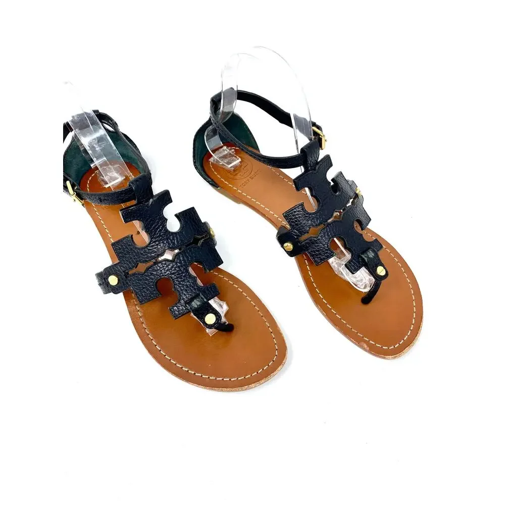Tory Burch Black Leather Double T Logo Thong Sandals Gold Hardware 8.5